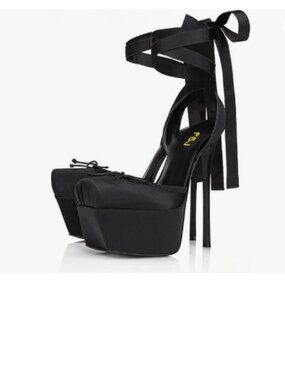 Black Satin Platform Ankle-Tie Stiletto Heels